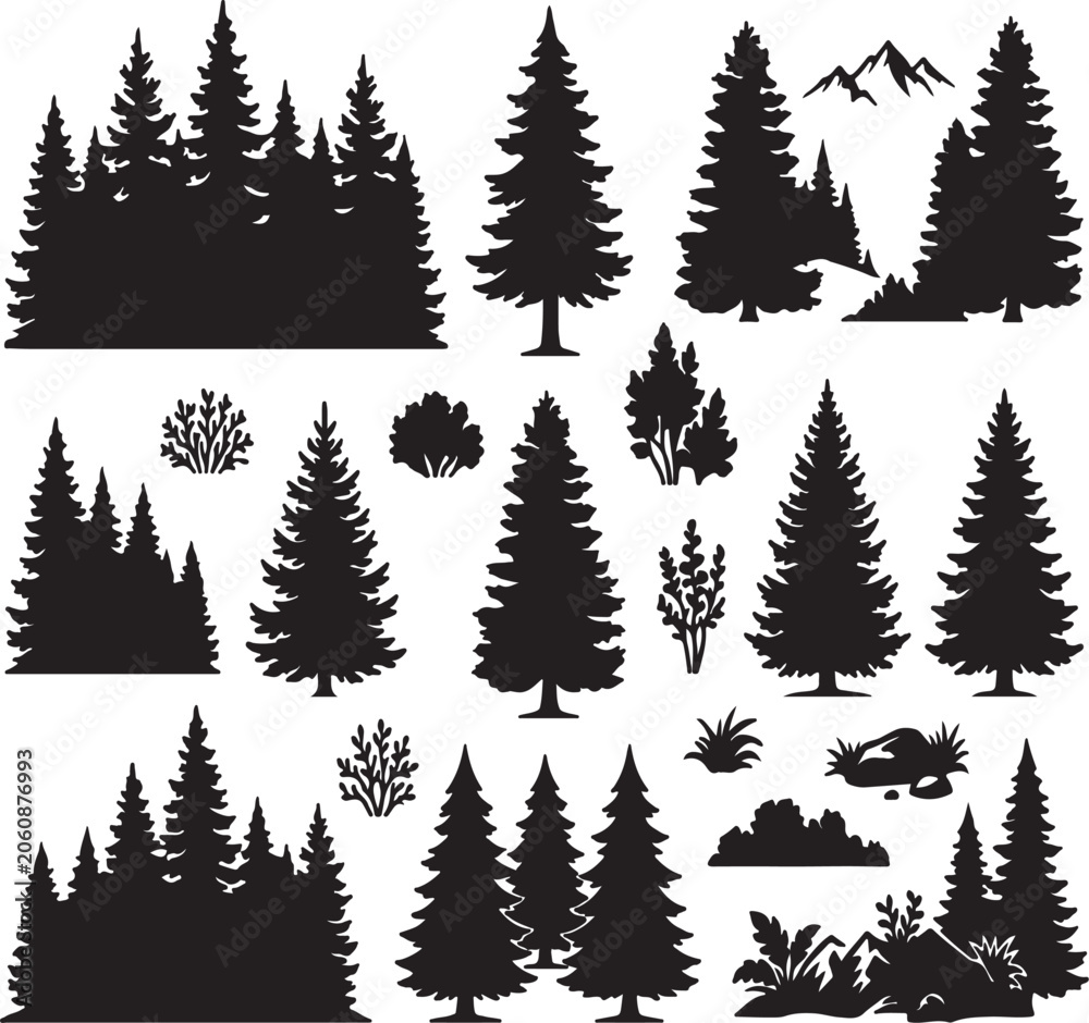 Fototapeta premium Collection of Pine Tree Silhouettes and Forest Landscapes for Nature Design Projects