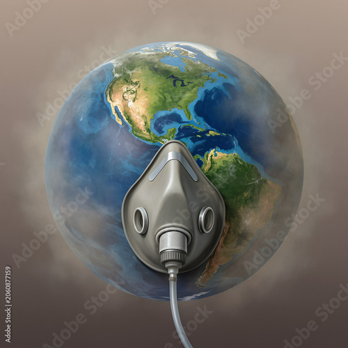 Earth wearing oxygen mask, environmental crisis concept