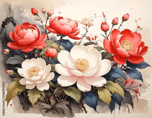 Vibrant peony floral arrangement with red and white blooms in watercolor style
