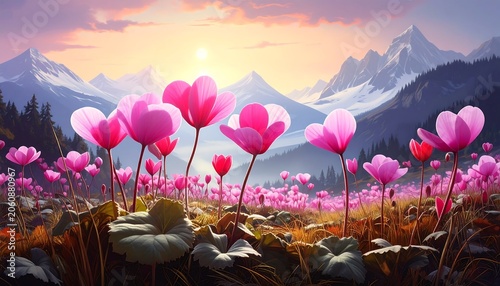 Vibrant pink flower field at sunrise with snow capped mountains in the background