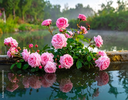 Vibrant pink roses in full bloom reflected in calm water surface