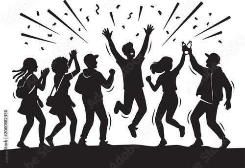 Silhouette of happy group of friends celebrating and jumping with confetti