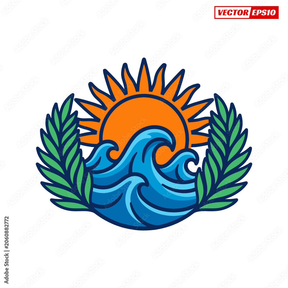 Fototapeta premium Sun and Waves with Laurel Wreath Emblem.