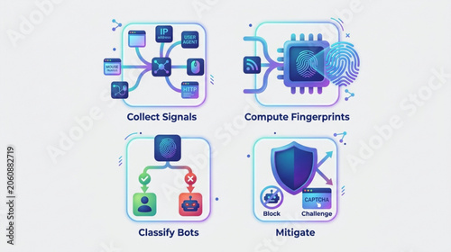 A cyber security system protects a network with various icons and shields in a digital environment.