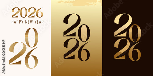 Golden And Dark 2026 New Year Typography Designs With Flowing Script And Gradient Backgrounds