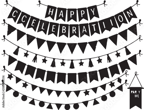 Set of Festive Party Bunting Garland Decorations and Hanging Pennant Banner Elements for Celebrations