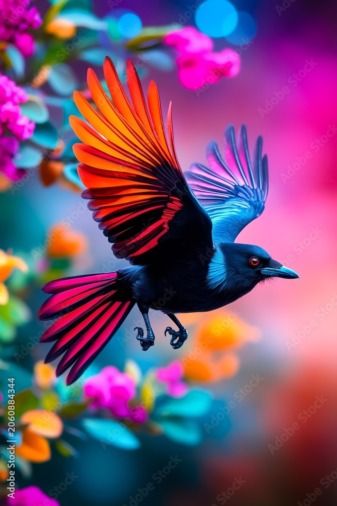 Fototapeta premium A black bird with red and orange wings flying through the air