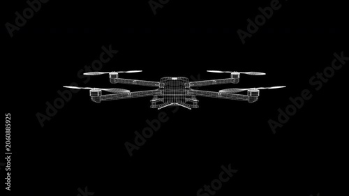 3D wireframe model of a flying quadcopter with spinning propellers