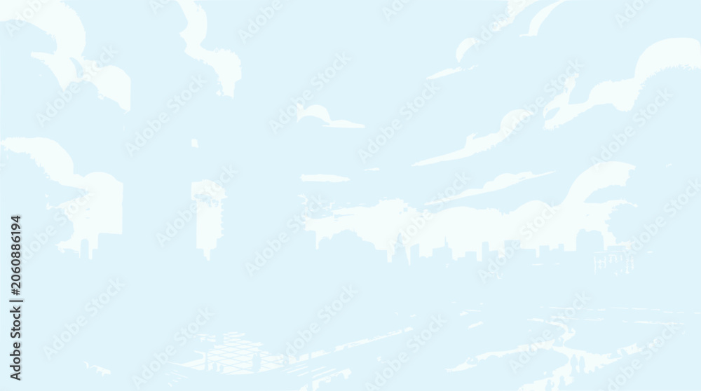 Fototapeta premium Abstract cityscape silhouette against pale blue sky with clouds