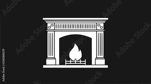 Elegant white fireplace with burning flame icon on black background, vector illustration