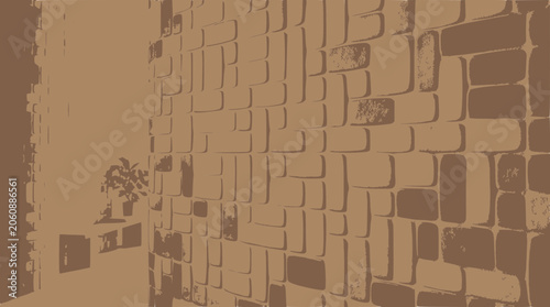 Brown Brick Wall Texture - Interior Design Background with Plant