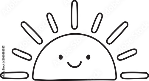 Cute smiling rising sun line art illustration minimalist hand drawn sunshine doodle icon