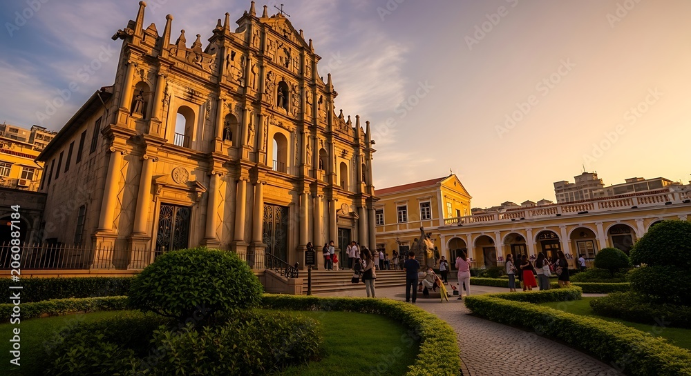 Fototapeta premium Historic stone cathedral facade at sunset in a public garden plaza