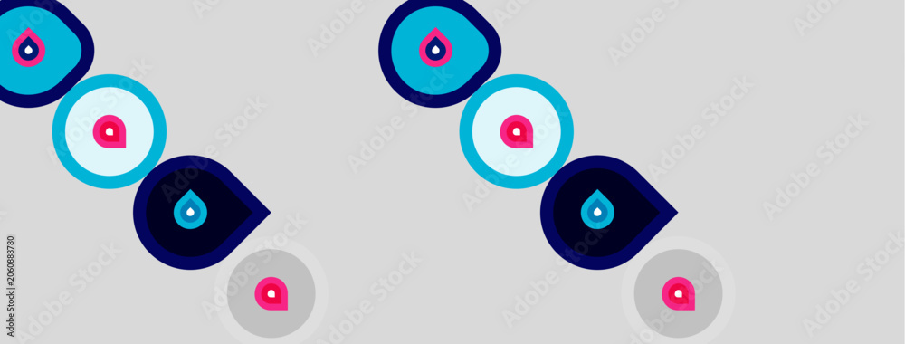 Fototapeta premium Pattern features blue, pink, white circles. Designs resemble eyes, possibly protective talismans. Simple, repeating motif on gray background.