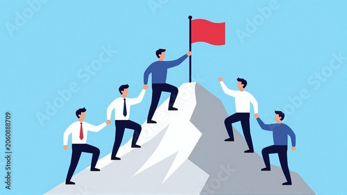 Team reaching mountain summit with red flag in flat 2D illustration style