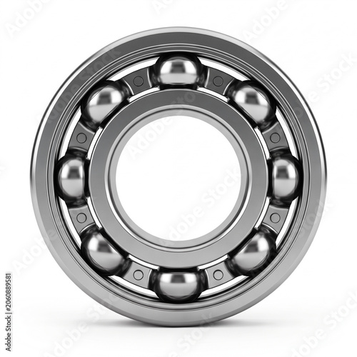 Industrial steel ball bearing component isolated on pure white.