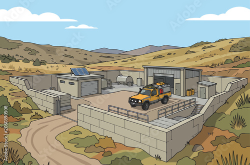 Valokuva Remote outpost maintenance facility with solar panels and a rugged vehicle