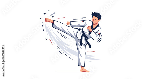 Martial arts athlete executing a powerful kick, isolated on white