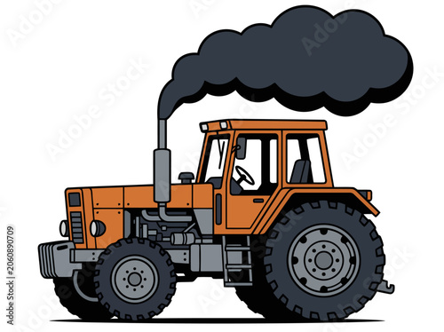 Foto Vintage tractor emits smoke, illustrated in a bold, industrial style