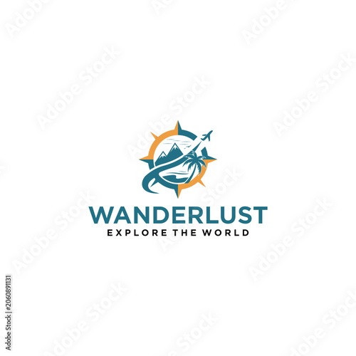 This travel logo design features a circular compass shape in a combination of orange and turquoise. It features silhouettes of a mountainous landscape, palm trees, and a small airplane in flight.