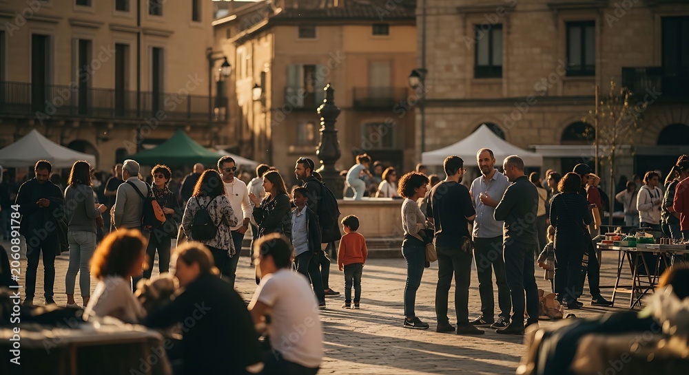 Obraz premium People gather in a public square.