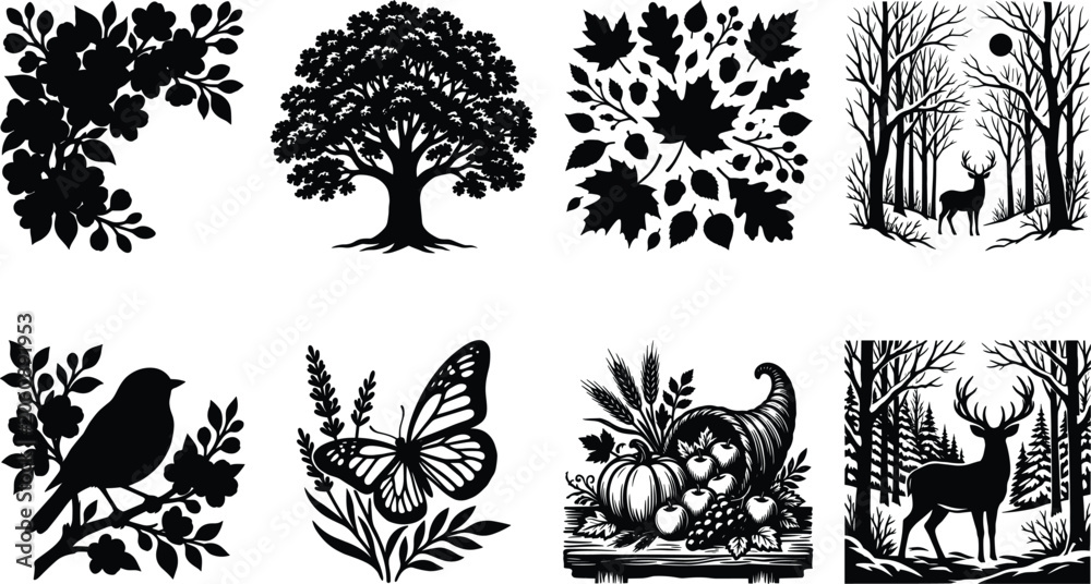 Fototapeta premium Seasonal Nature Silhouette Bundle Featuring Spring Blossoms Summer Butterfly Autumn Harvest and Winter Wildlife Scenes