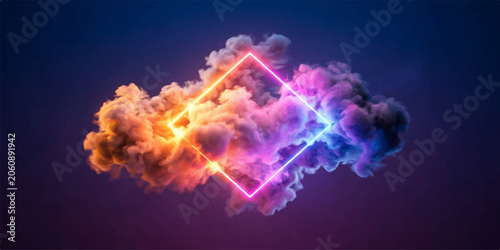 Bilde på lerret Neon diamond shape glowing amidst billowing clouds and starry sky with abstract