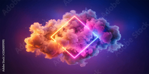 Fényképezés Illuminated geometric diamond frame centered in ethereal floating clouds with ab