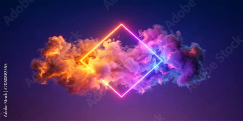 Canvastavla Glowing neon rhombus light surrounded by billowing colorful clouds with abstract