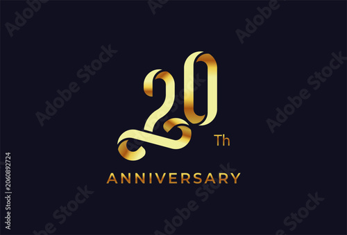Golden 20 year anniversary celebration logo design with infinity icon in ribbon style design symbol