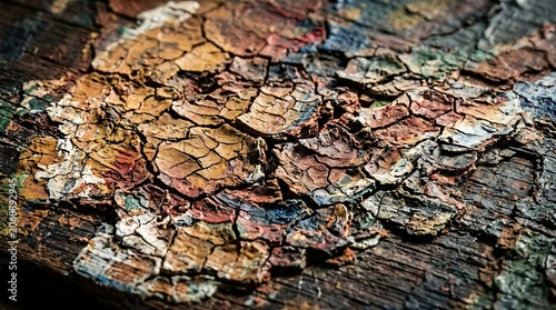 Extreme close up of multicolored cracked and peeling paint on wood