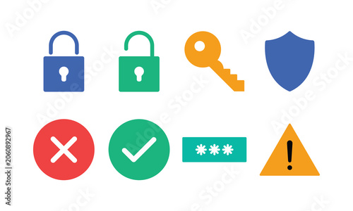 Colorful security icons set with flat design padlock key shield checkmark cross and password symbol.