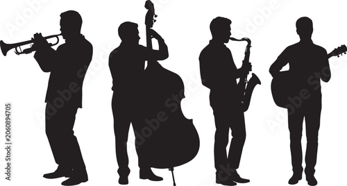Canvas Print Silhouette of Four Musicians Playing Instruments Isolated on White Background

B