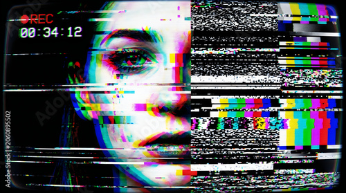 Glitchy video distortion effect on woman's face