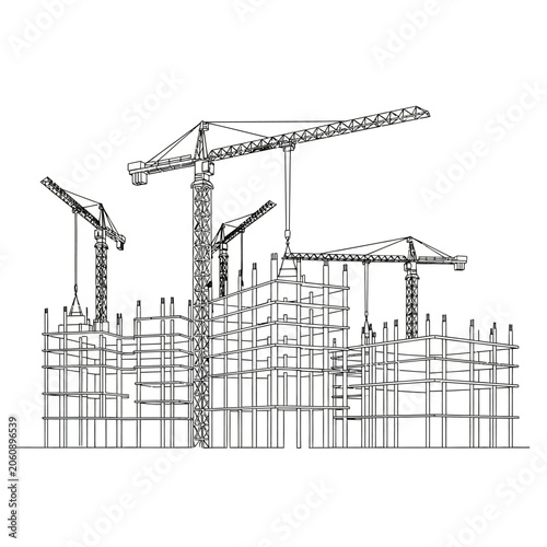 Construction Site Outline: Tower Cranes and Building Frame Silhouette