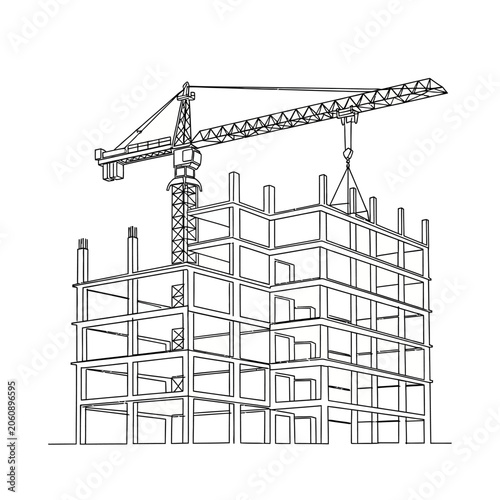 Construction site outline, building under development, crane lifting