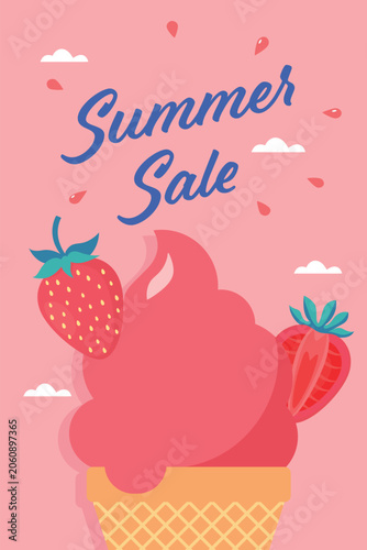 Strawberry ice cream colorful summer sale poster