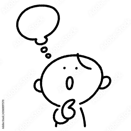 上を向いて考える手描きのかわいい男性と吹き出し（発想・アイデア・思い付く）