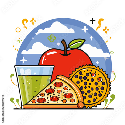 Colorful flat design food illustration with pizza, apple, and cookie