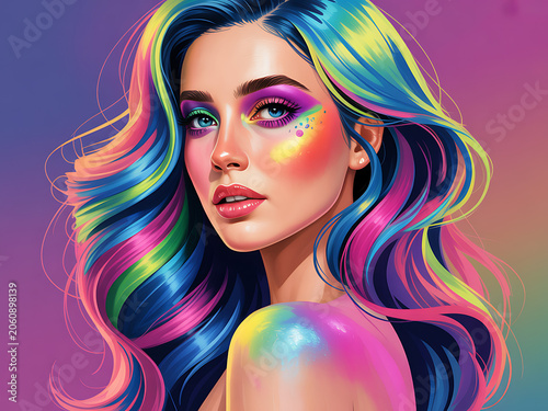 Rainbow Hair Woman Looking Over Shoulder on Gradient Background