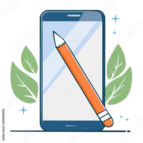 Smartphone with Pencil and Green Leaves Flat Illustration