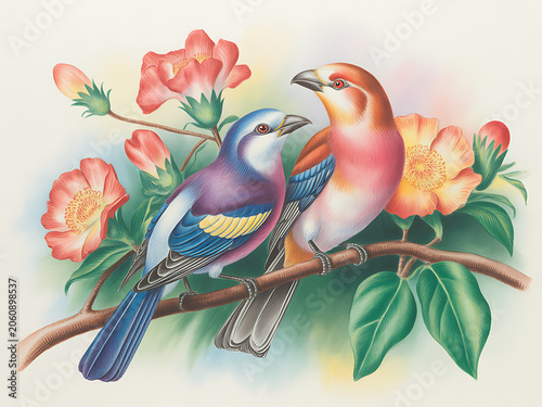 Colorful Birds Sitting on Branch with Flowers