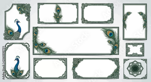 Elegant Peacock Feather and Ornate Frame Collection - Decorative Elements