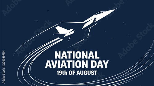 Modern jet aircraft soaring upward with dynamic motion lines celebrating national aviation day observance