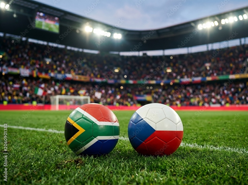 Naklejka premium Two Soccer Balls with South Africa and Czech Republic Flags on Stadium Grass Field Before a Match