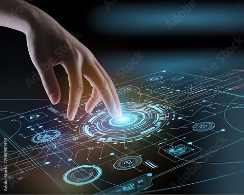 Hand Touching Glowing Blue Interface with Futuristic Circuits