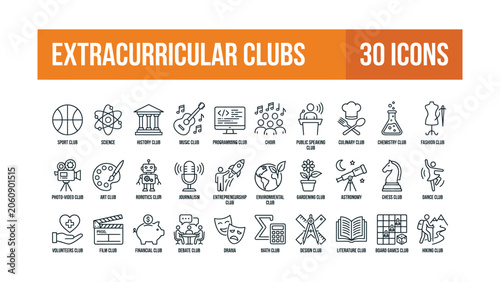 Extracurricular clubs and activities icons for schools and education  various student organizations