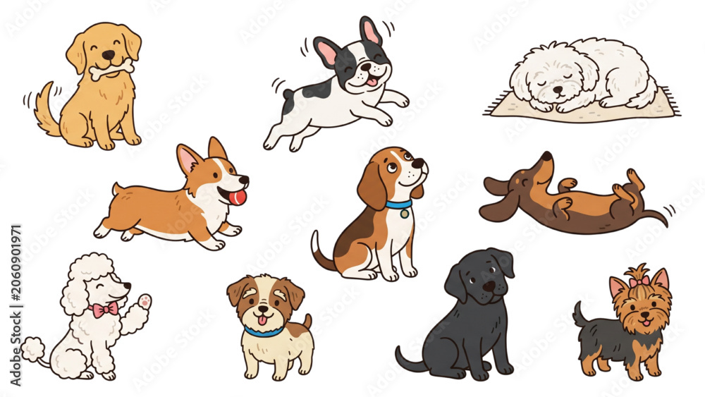 Obraz premium Cute Dogs Doodle Vector Set Cartoon Puppy Characters Collection in Various Poses