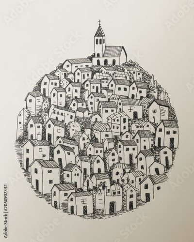 Ink of a small village on a hill with many houses and a tall church town