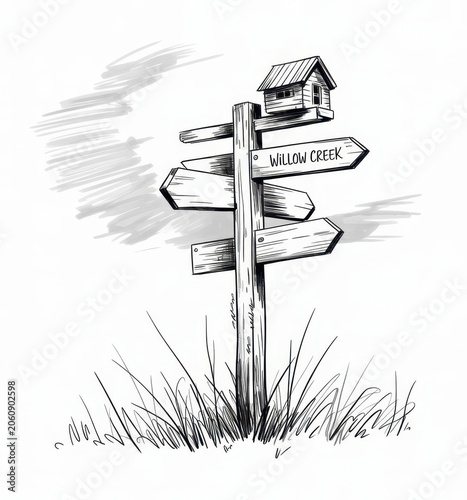 Ink of a wooden signpost with a small house and willow creek sign arrows